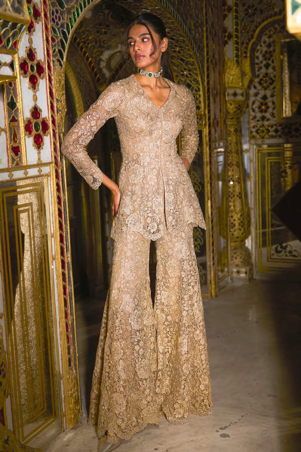 Nude Gold Embroidered Lace Flared Trousers — Dash and Dot