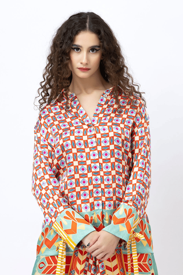 Multicolour Geometric Printed Satin Shirt with Tie-Up Cuffs — Jungle Marigold