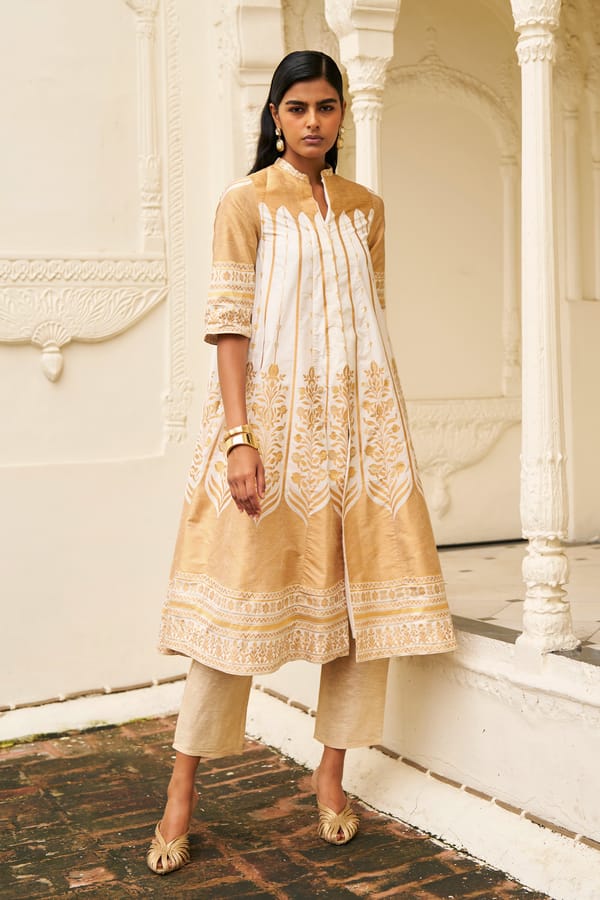 Ivory Gold Benares Silk Brocade Longline Jacket — Dash and Dot