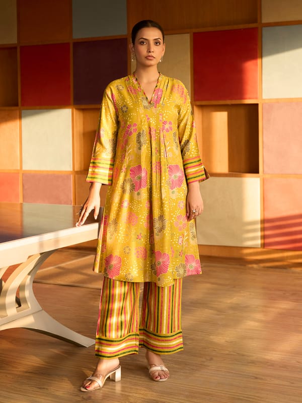 Yellow Floral Printed Cotton Kurta Set — Truly SMA