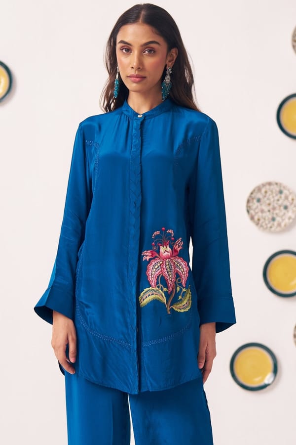 Embroidered Teal Shirt with Quilted Placket — Western Era