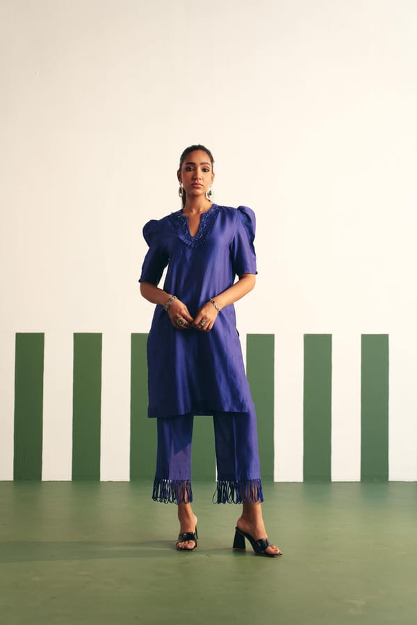 Ink Blue Chanderi V-Neck Puff Sleeve Kurta Set — Reeti Arneja