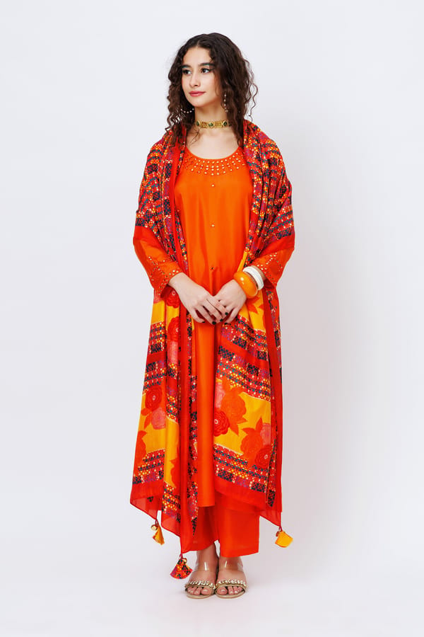 Orange Silk Mirror-Work Kurta Set with Printed Dupatta — Jungle Marigold