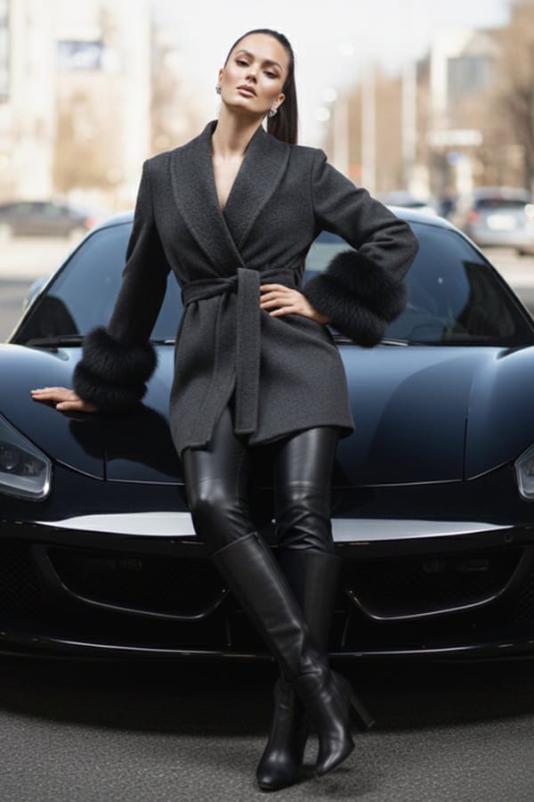 Steel Grey Belted Wrap Coat with Detachable Fur Cuffs — BOHO-CHIC