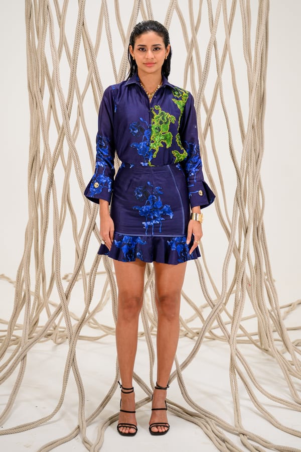 Navy Blue Silk Shirt and Mini Skirt Co-ord Set — The Dramebaaz Company