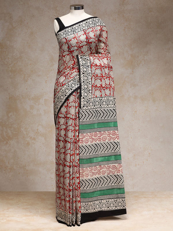 Brick Red Handblock Printed Bagh Mulmul Saree — BINKS
