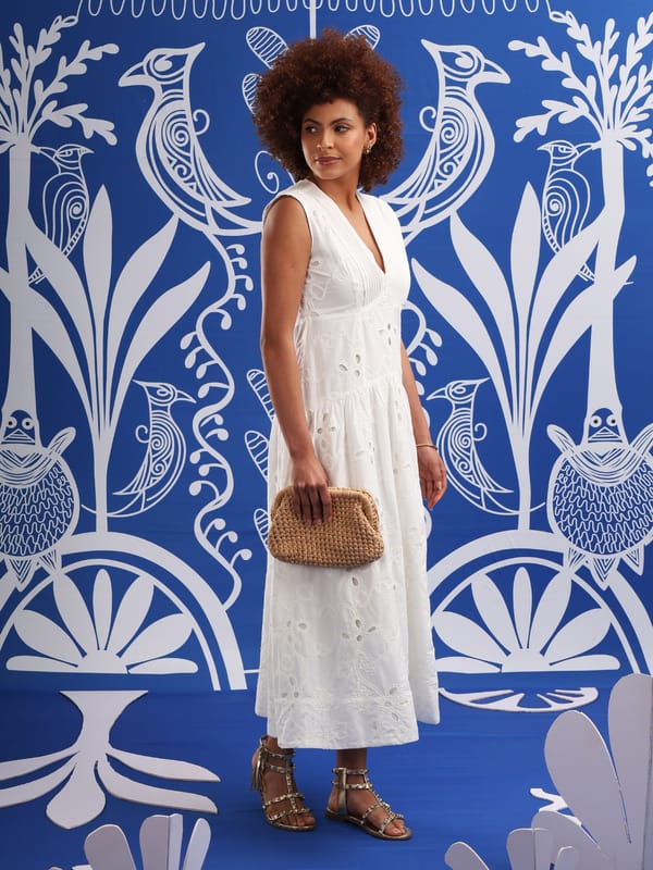 White Embroidered Cutwork Tiered Midi Dress — ANISETTE