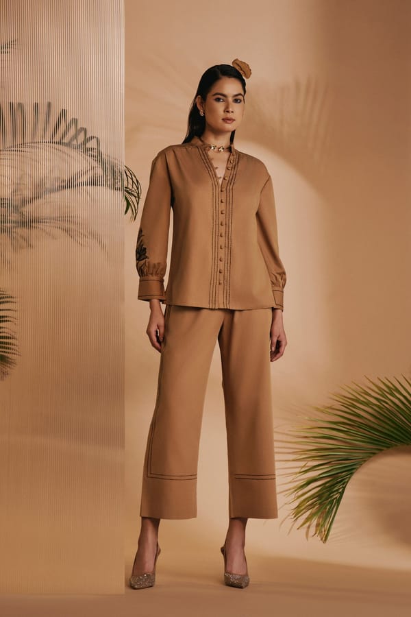 Brown Cotton Satin Embroidered Co-ord Set — Origani