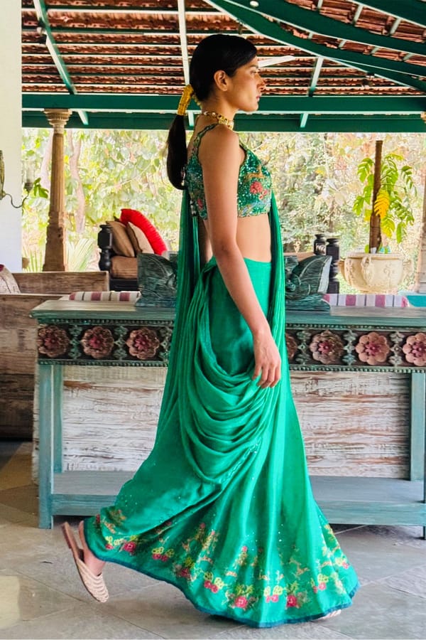 Green Pre-Draped Chiffon Saree Set with Sequin Blouse — Basil Leaf