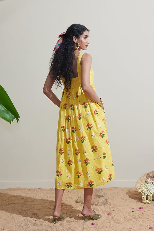 Yellow Floral Block Print Cotton Midi Dress — Dressfolk
