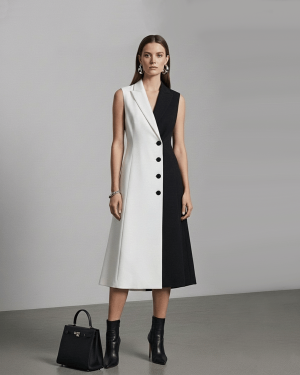 Black and White Colorblock Lapel Collar Midi Dress — Orthodox