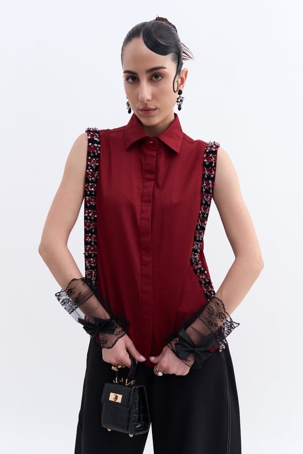 Plum Cotton Twill Sleeveless Shirt with Embellished Panels — Our Love