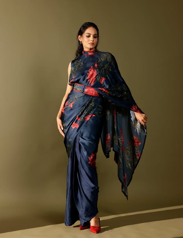 Peacock Blue Collared Pallu Floral Saree Set — STUDIO SURBHI