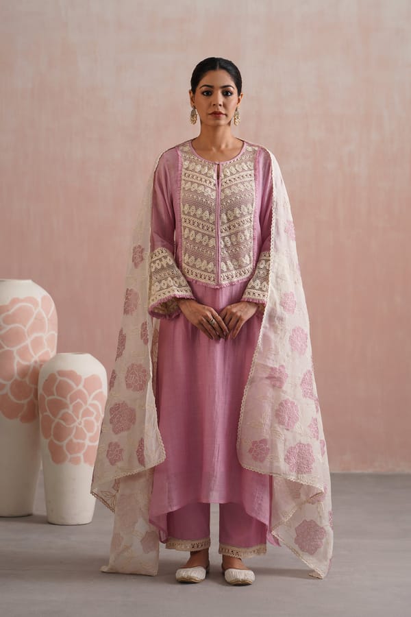 Lilac Mul Chanderi A-Line Kurta Set with Lace Yoke — UGNA