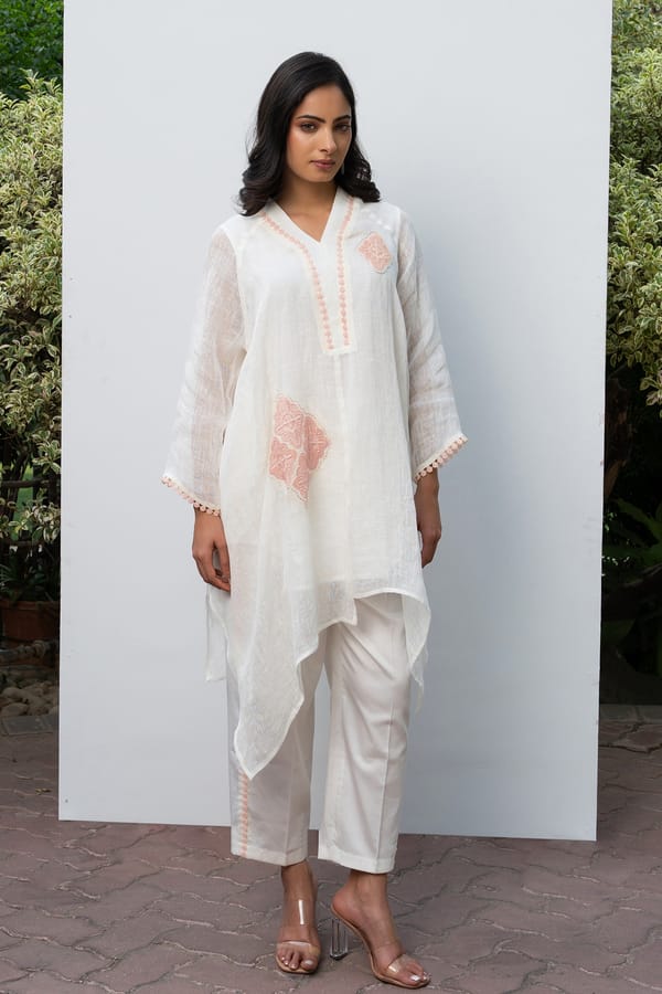 White and Peach Linen Asymmetric Tunic and Pants Co-ord Set — Omi Clothing