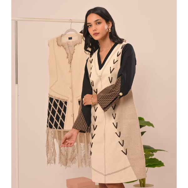 Beige and Black Colorblocked V-Neck Knee-Length Dress — Veera Wear