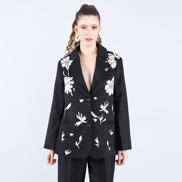 Black Linen Twill Applique Embroidered Blazer — Linen Bloom