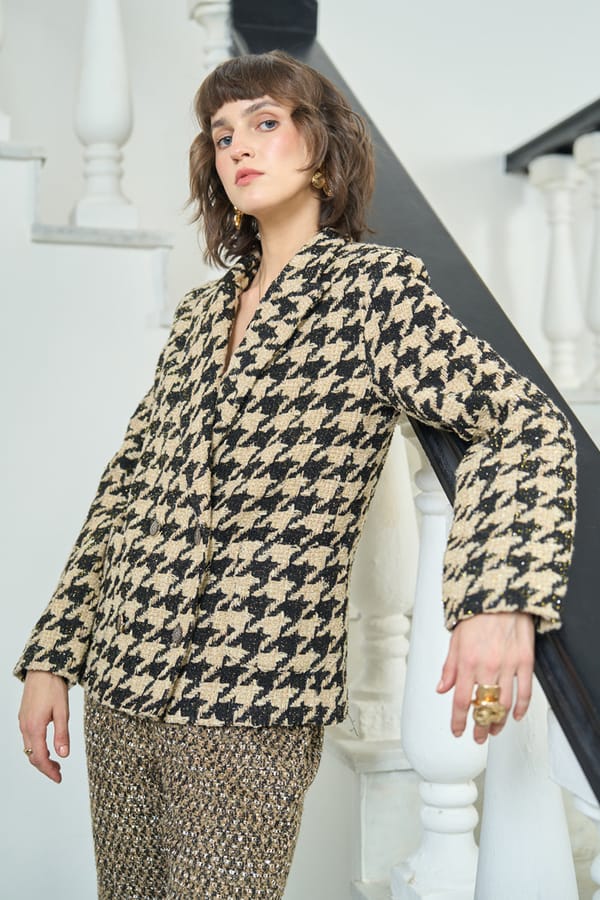 Gold and Black Houndstooth Tweed Double-Breasted Blazer — AVERIE