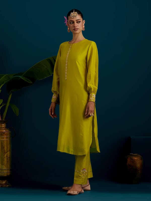 Lime Green Silk Chanderi Embroidered Kurta Set — Anantaa
