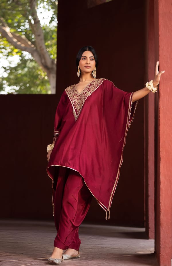Chanderi Red Kaftan Cowel Pant Set — Kahani Lush