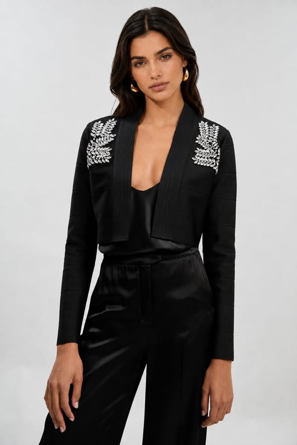 Black Cropped Lapel Jacket with Crystal Shoulder Embellishment — KAREN MILLEN