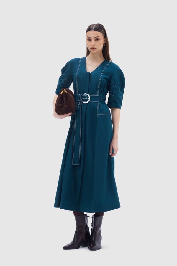 Teal Cotton Poplin Belted Midi Shirt Dress — NOTEBOOK