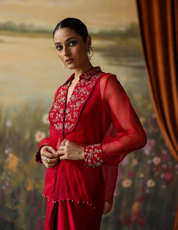 Scarlet Embroidered Organza Shirt and Draped Skirt Co-ord Set — Shikha Mehta