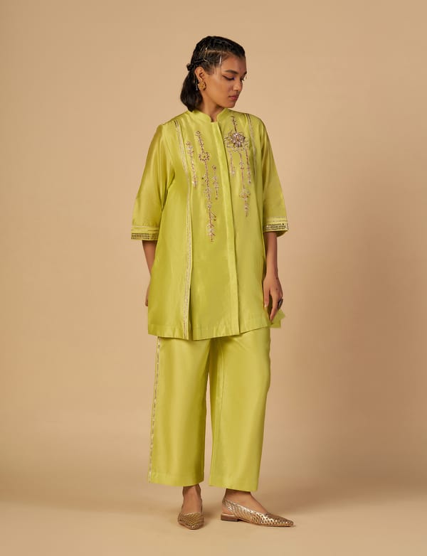 Lime Green Wide-Leg Chanderi Trousers — Gulabo by Abu Sandeep