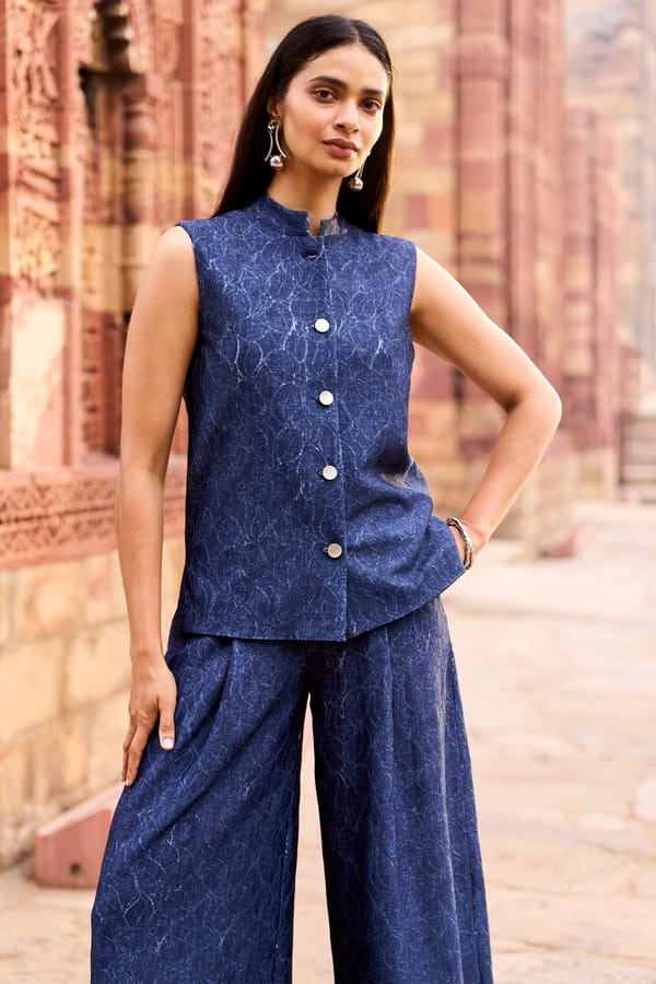Indigo Floral Jacquard Button-Front Waistcoat — Dash and Dot