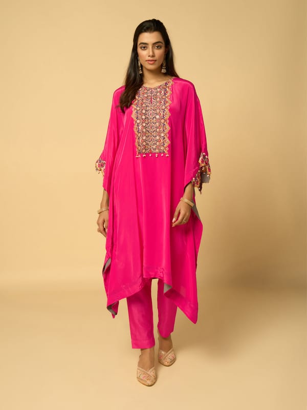 Pink Kaftan Kurta Set with Embroidered Yoke — SAUNDH