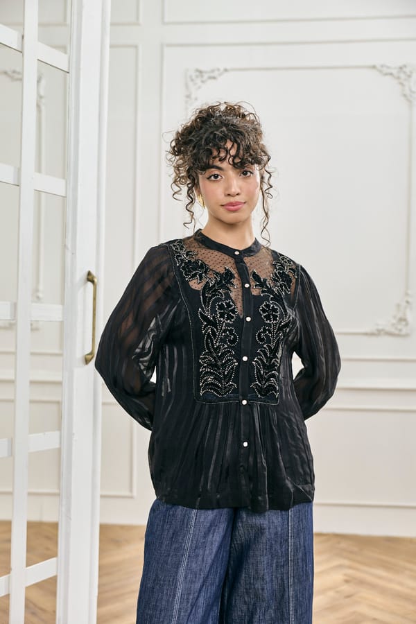 Black Mesh Embroidered Button-Front Top — Style Island