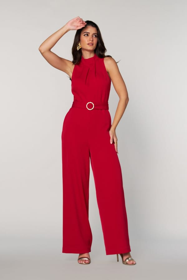 Red Halter Neck Belted Wide-Leg Jumpsuit — Style Island