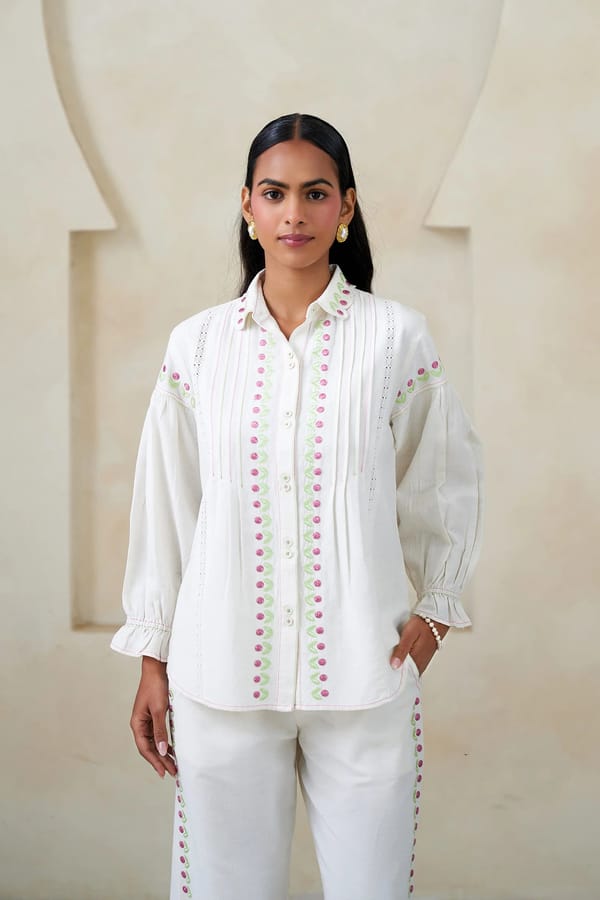 White Cotton-Linen Shirt with Pintucks and Lace Inserts — STITCH STORIES