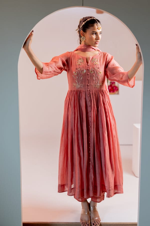 Pink Chanderi Flared Kurta with Floral Embroidery — Silai studio