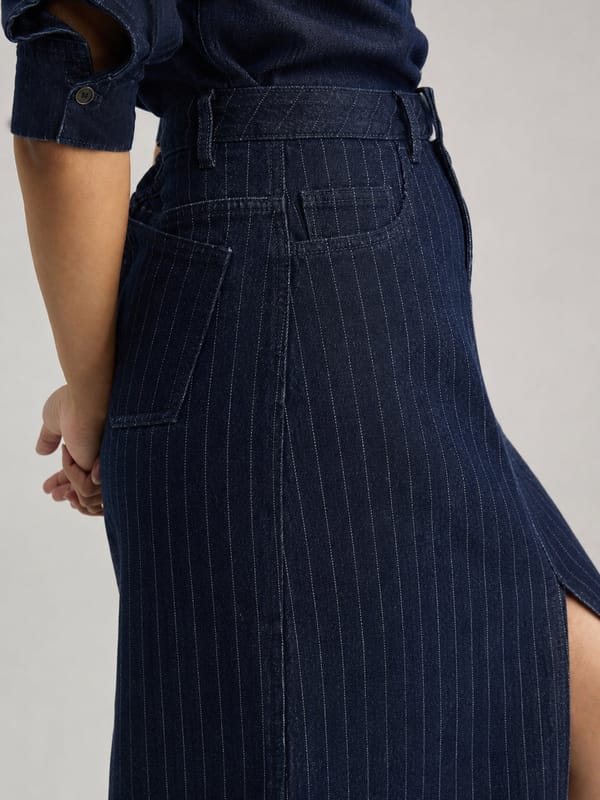 DenimClassic Front Slit Stripe Maxi Skirt — Femmella