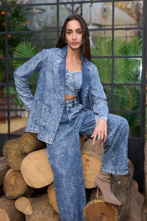 Washed Denim Jacket, Bralette & Straight-Cut Pant — Dash and Dot