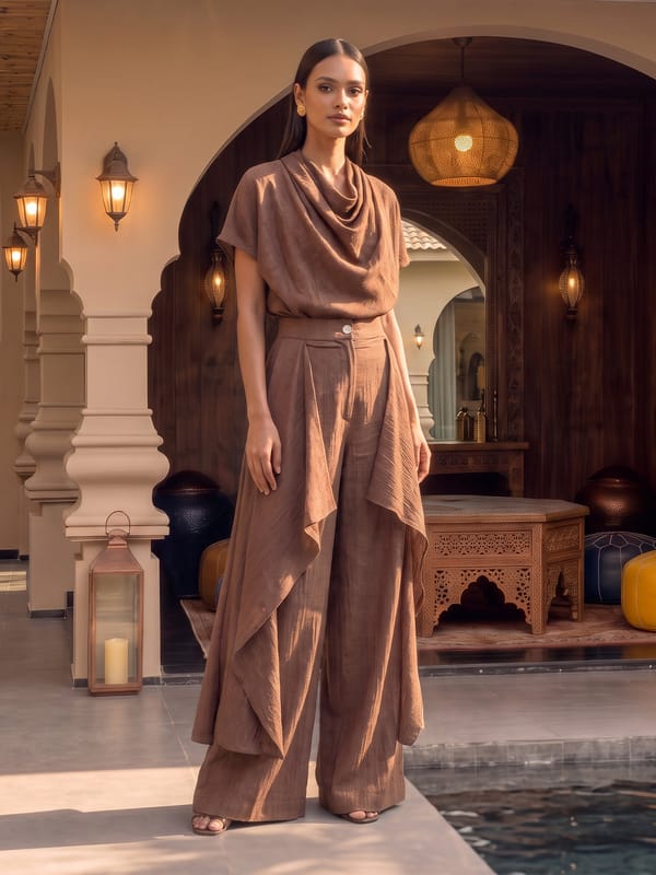 Chocolate Brown Textured Cowl Neck Draped Top — HOUSE OF FETT