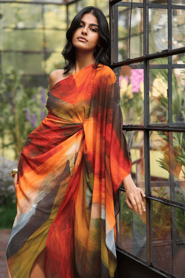 Abstract One-Shoulder Draped Maxi Dress — Dash and Dot