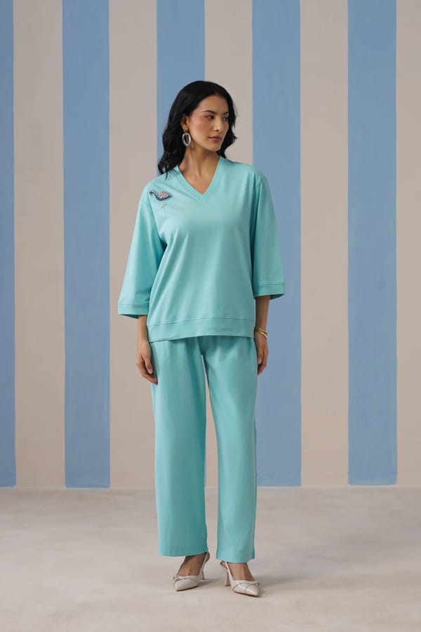 Aqua Blue Cotton Jersey V-Neck Co-ord Set — STITCH STORIES