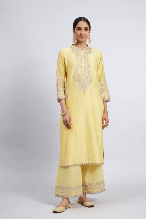Light Yellow Embroidered Straight Kurta Set with Palazzo — Sheetal Batra