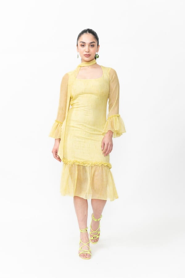 Yellow Square Neck Ruffle Hem Midi Dress — Contemponari