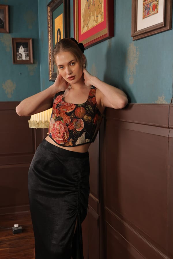 Black Floral Printed Cropped Corset Top — LABEL MUSLIN