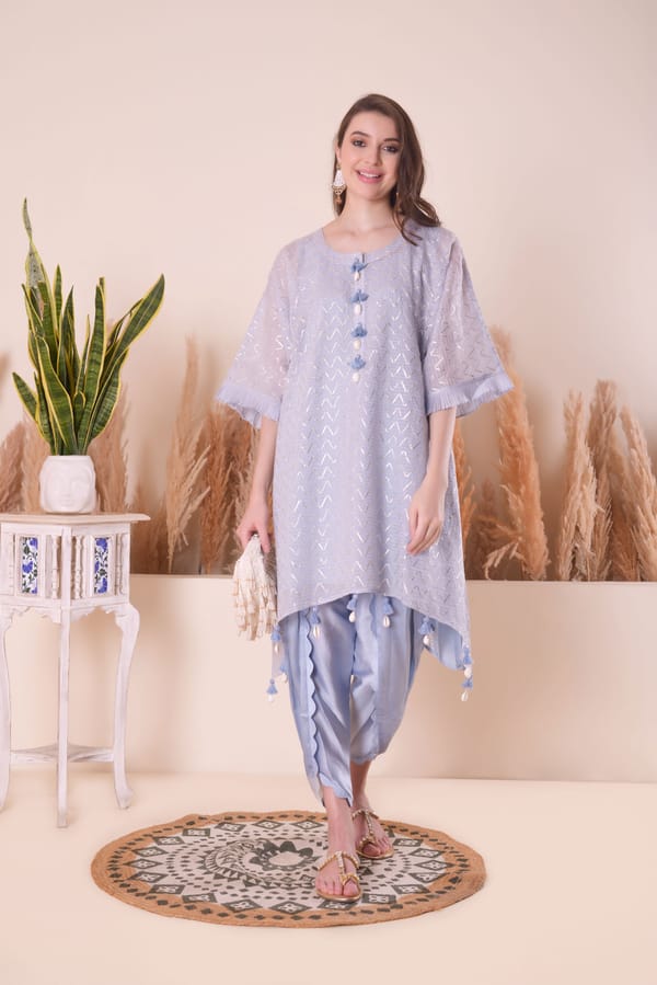 Powder Blue Wave Gota Kimono Kurta Set with Dhoti Pants — SURABHI ARYA