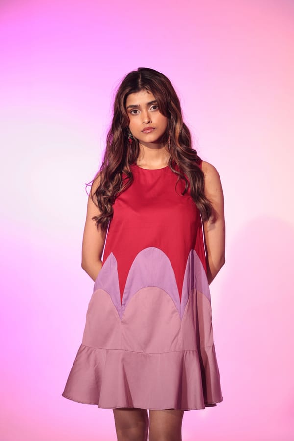 Red and Lavender Colorblock Tiered Mini Dress — MANVI DAGA STUDIO
