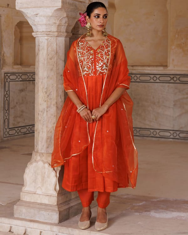 Orange Silk Hand Embroidered Anarkali Set — Bannhi by Priyanka Rathore