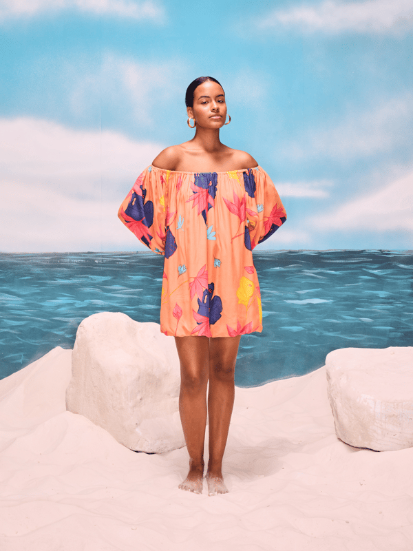 Peach Off-Shoulder Floral Bubble Mini Dress — GUAPA