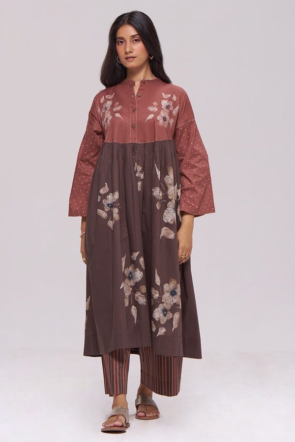 Rust and Warm Cocoa Floral Kurta With Stripe — Ganga Fashions Pvt Ltd