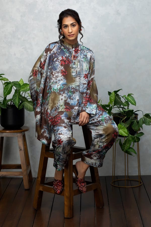Beige Brown Silk Printed Kaftan Top and Pants Co-ord Set — Rhe-Ana
