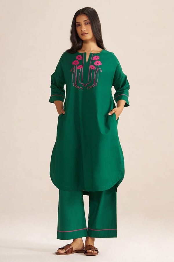 Evergreen Cotton Embroidered Co-ord Set with Wide-Leg Pants — Ganga Fashions Pvt Ltd