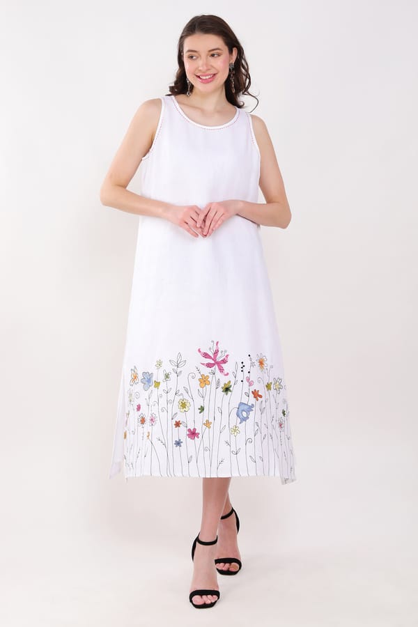 White Linen Sleeveless Midi Dress with Floral Hem Embroidery — Linen Bloom